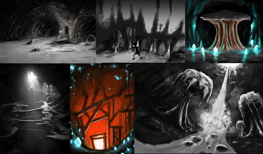 (Early sketches of different cave areas)